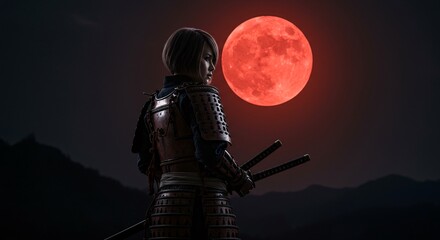 Fototapeta premium Crimson moon rises, a lone samurai stands, katana drawn, under a blood-red sky. Night's mystery unfolds.