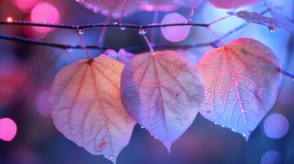 Obraz premium Delicate autumn leaves glistening with dew against a vibrant bokeh background at dusk