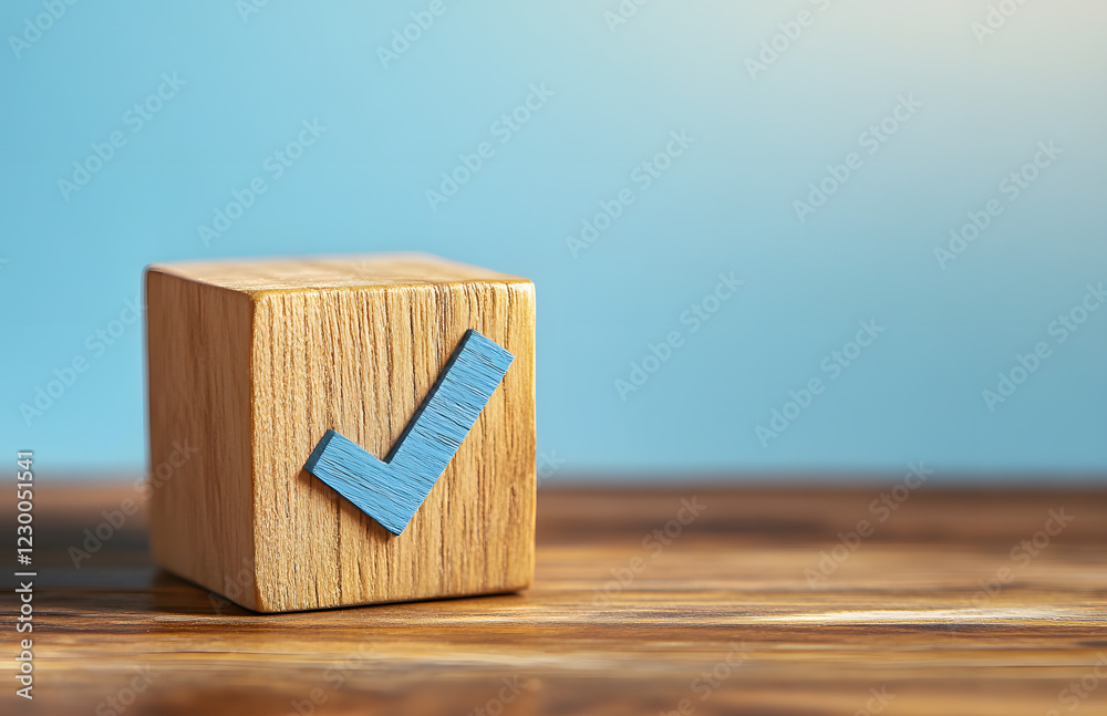 Fototapete wooden cube with a blue checkmark on a wooden table, isolated on a pastel background with copy space