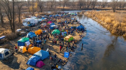 Fototapeta premium An aerial view of a massive community gathering for World Water Day, colorful tents, water conservation workshops, and river cleanup in progress