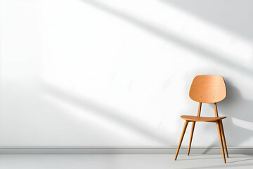 Light wood chair, sunlit wall, room, interior design mockup