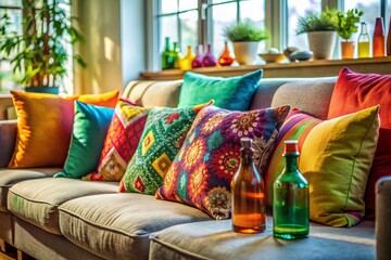 Cozy Living Room Couch with Pillows and Drinks - Candid Shot