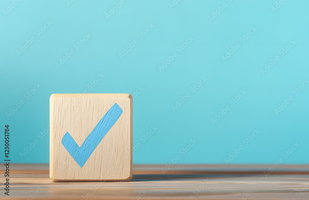 Fototapete wooden cube with a blue checkmark on a wooden table, isolated on a pastel background with copy space