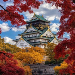 Osaka Castle in Autumn: A Front View Osaka Castle is a renowned landmark in Japan