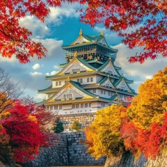 Fototapeta premium Osaka Castle in Autumn: A Front View Osaka Castle is a renowned landmark in Japan