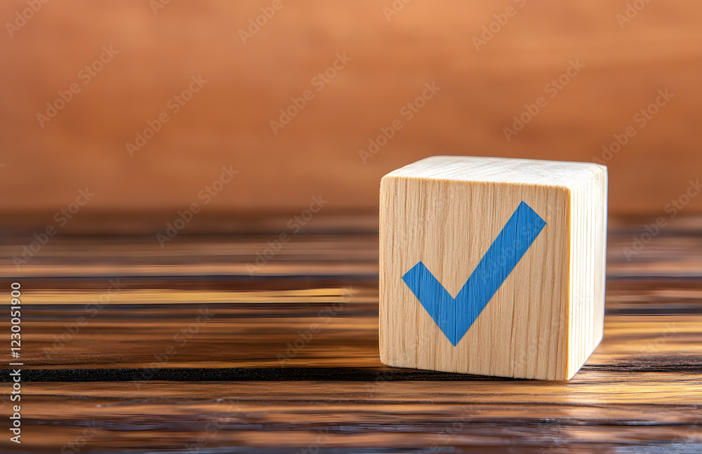 Fototapete wooden cube with a blue checkmark on a wooden table, isolated on a pastel background with copy space