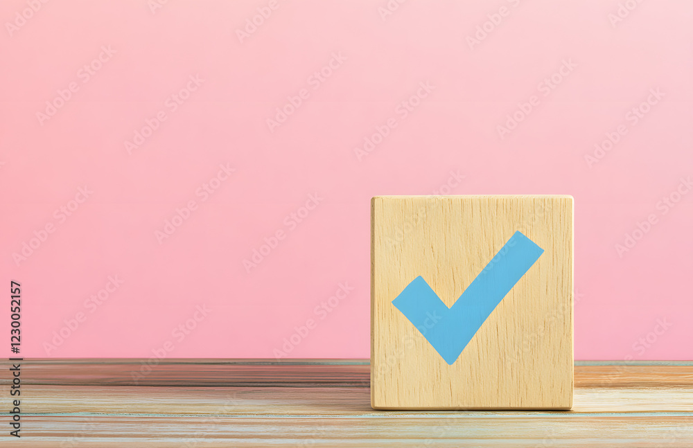Fototapete wooden cube with a blue checkmark on a wooden table, isolated on a pastel background with copy space