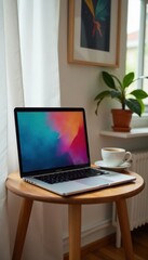 Portable laptop on a small wooden table with a cup of coffee nearby , small, wooden desk