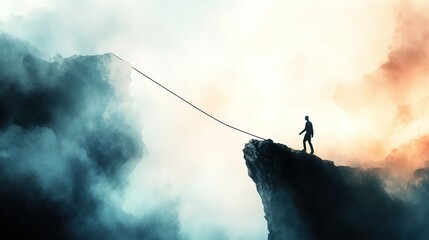 Entrepreneur battling a mountain of challenges, symbolizing resilience and strength in the face of business risks and obstacles