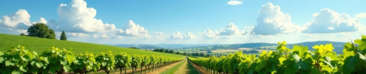 Naklejka premium Fluffy clouds drift lazily across a picturesque vineyard, grapes, wind, landscape