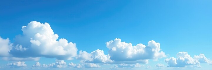 Fototapeta premium Fluffy white clouds are scattered across the brilliant blue summer sky with a few strands of cloud stretching out in different directions, clouds, airy