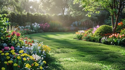 Lush garden in springtime with vibrant flowers, greenery, and soft sunlight filtering through trees