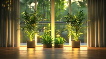 Fototapeta premium Lush indoor plants illuminated by soft sunlight filtering through large windows in a serene environment