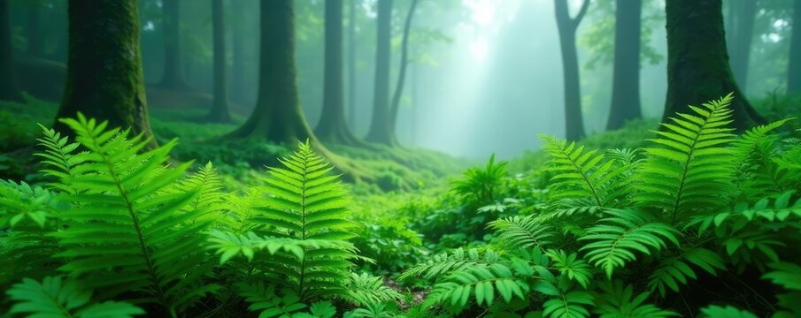 Fog-shrouded ferns sway gently in windless forest air, ferns, lush greenery