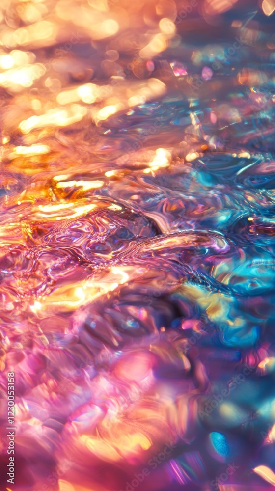 Poster gentle ripples of water catch the light, casting a vibrant array of colors across a glossy surface. 