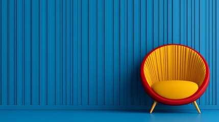 Mid-Century Modern Chair: A vibrant yellow and red accent chair with a unique, rounded design, perched against a backdrop of bold blue, evoking a sense of retro cool and modern sophistication. 