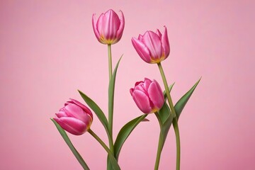 Fototapeta premium there are three pink tulips in a vase on a pink background