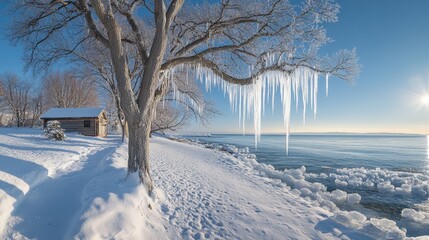 Wooden houses by the frozen lake