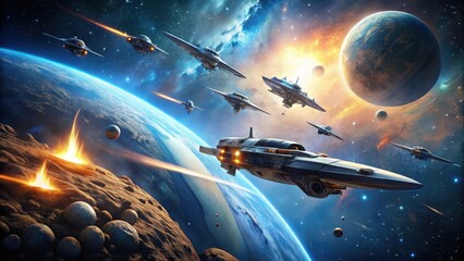 Obraz premium futuristic ships, intergalactic travel, new worlds, treacherous terrain, asteroid fields, wormholes, pioneering spirit, exploration, spacecraft, sky, night, space, sun, landscape, planet, light, star,