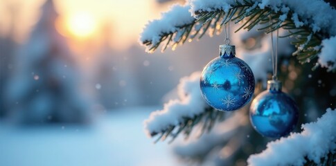 Frosty morning scene with blue and silver ornaments on a snow-covered tree, decorations, mist