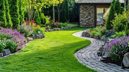 Serene garden pathway winding through vibrant flowers and lush greenery near a cozy home