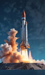 Rocket blasting off into the sky with a chart on a blue background, rocket ship, launch