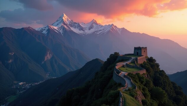 Kuelap fortress at dawn with snow-capped peaks, mountain scenery, mountains, kuelap