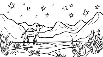 A charming outline drawing featuring a camel in a desert landscape under a starry night sky Perfect for creative projects and relaxation themes, Outline