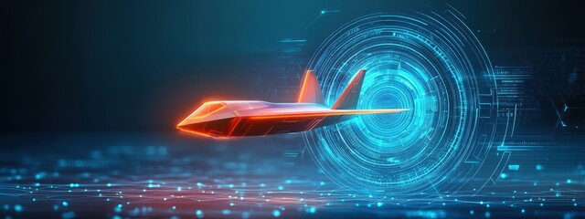 Futuristic Concept of a High-Speed Jet Surrounded by Dynamic Digital Elements Reflecting Modern Technology and Innovation in Aviation