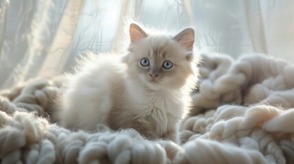 Obraz premium Ragdoll Kitten sitting relaxed in wool bed.