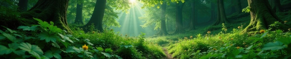 Lush forest foliage with ferns and wildflowers, woodland, evergreen