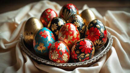 Fototapeta premium Khokhloma-style Easter eggs for a stylish Russian Easter celebration. Hand-painted eggs featuring vibrant red, gold, and black floral patterns, iconic in Russian folk art, perfect for festive decor