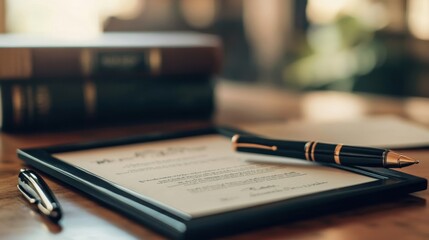 Fototapeta premium A close-up photo of a college diploma in a sleek frame, placed on a wooden desk with a pen and a stack of books beside it