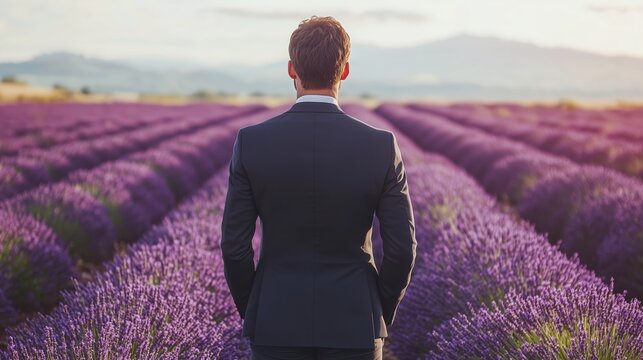 Man in Suit Standing Among Lavender Fields at Sunset