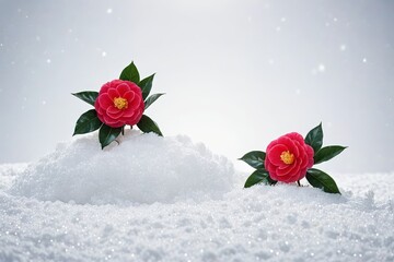 there are two red flowers that are sitting in the snow