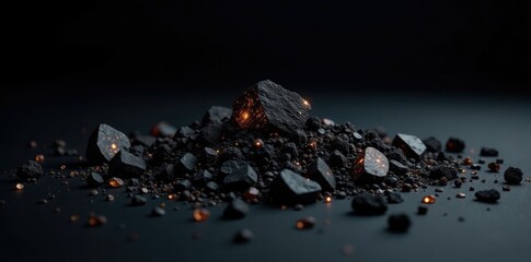 Magnetite crystals scattered on a black background with a white rim, mineral, dark, landscape