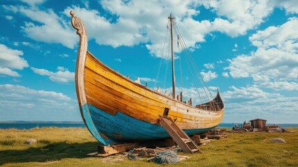 Fototapeta premium Majestic Viking Ship on the Shore Under Bright Blue Sky with Fluffy Clouds, Capturing Timeless Maritime Heritage and Natural Beauty of Coastal Landscape