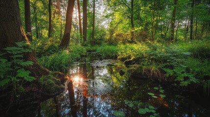 Fototapeta premium Sunset forest stream, lush green foliage, tranquil scene, nature background, ideal for relaxation