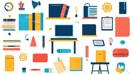 A colorful vector icon set representing college life, including dorm rooms, classrooms, laptops, and study materials, playful and engaging