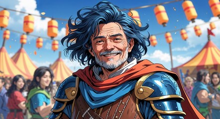 Fototapeta premium elderly male confident messy dark blue hair armor and cape at a lively festival illustration anime cartoon background