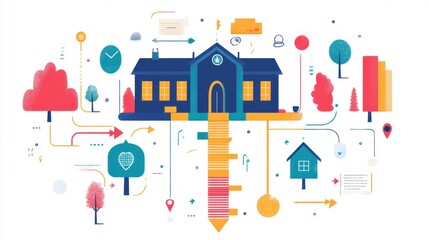 A conceptual design showing the steps of a college application process, illustrated through a creative infographic with colorful icons and arrows