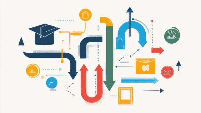 A conceptual design showing the steps of a college application process, illustrated through a creative infographic with colorful icons and arrows
