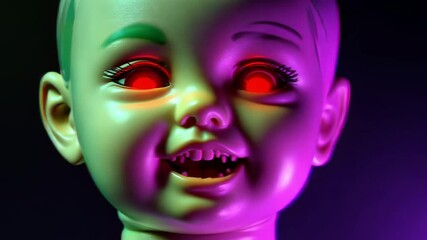 A creepy porcelain doll face morphs into a demonic entity through a glitching effect, shifting between innocent and terrifying states. The effect suggests a haunted AI presence, Glitch effect