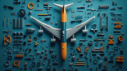 Detailed Aerospace Components Composition Featuring Airplane Model and Various Mechanical Parts on Vibrant Background for Engineering and Design Use