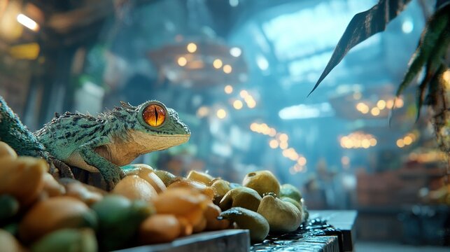 Futuristic marketplace bustling with diverse alien species trading exotic goods in a vibrant, imaginative setting