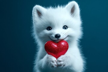 Obraz premium Marketing concept art. Cute arctic fox baby with sparkling rhinestones red heart - emblem of love, funny greeting card. Digital ads concept. Arctic fox - my beloved animal.