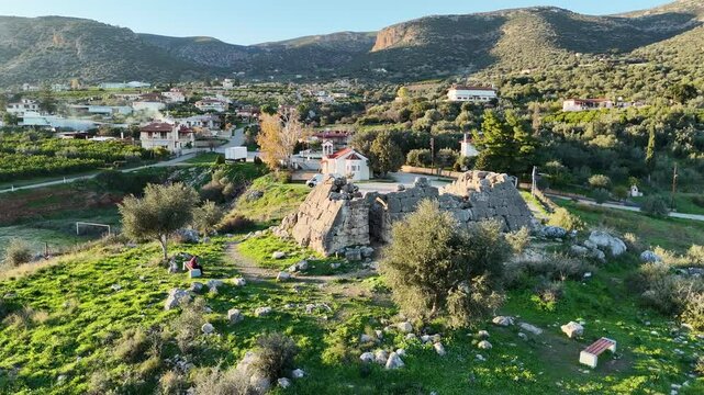 Aerial View of the Ancient Greek Pyramid in Elliniko, Peloponnese, Greece at Sunset