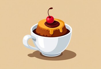 溶岩ケーキのベクターイラスト、マグカップデザートのクリップアート、ベージュの背景、チョコレートのお菓子のグラフィック、シンプルなケーキベクター、ミニマリストのフードアート、デザートベクターデザイン、甘いスナッククリップアート。

