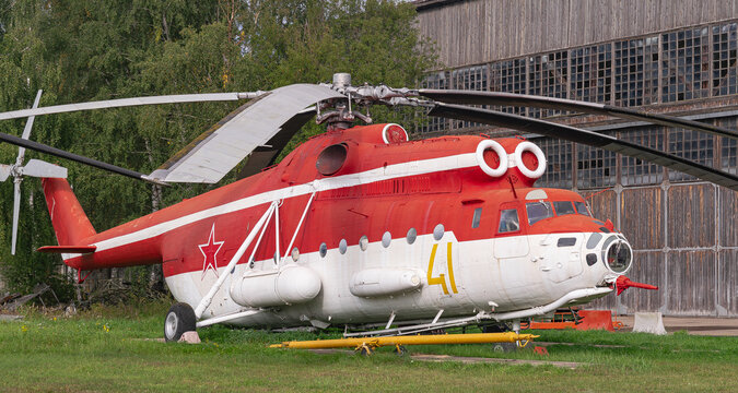 MoscowRussia; September 11 2024: Mi-6PZH2 Firefighting Helicopter  , displayed in russian aircraft museum