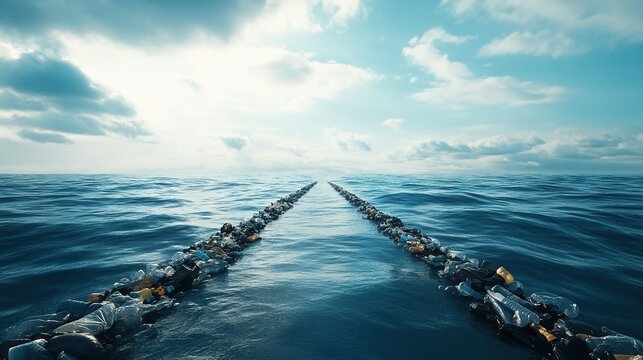 Futuristic Ocean Cleanup System, giant floating barrier capturing plastic waste, minimalistic design against an endless horizon, innovative technology.